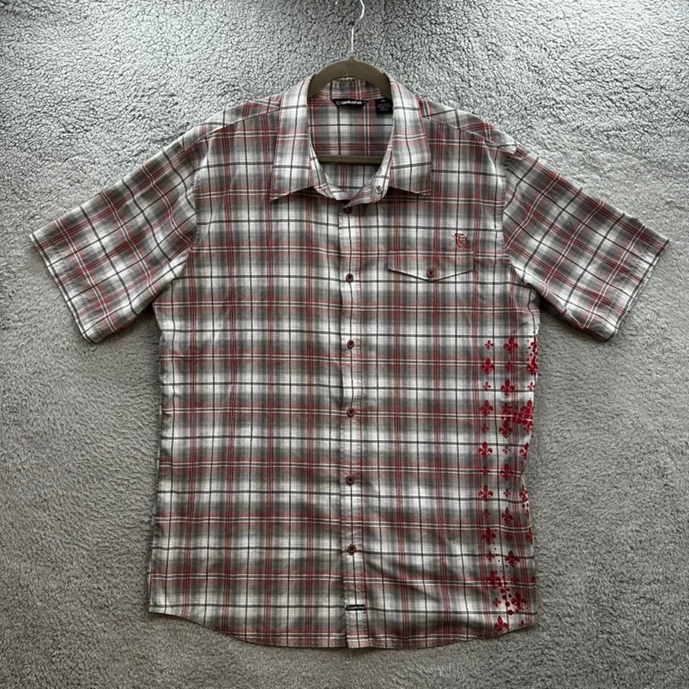 Gotcha Mens 2XL Plaid Short Sleeve Button Up Shirt Grey Red Fleur De Lis Graphic
